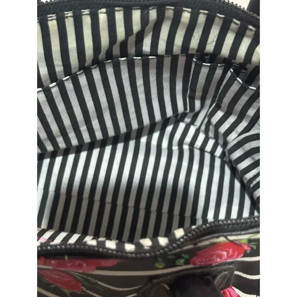 Betsey Johnson Floral Stripe Satchel Black Pink Rose Mini Handbag Y2K